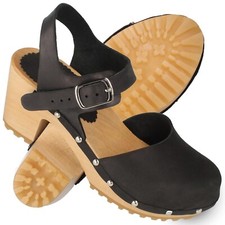 Damen Leder Clog mit Absatz Holzschuh Schwarz Sandalen Gr. 35-41 cloque Battonya