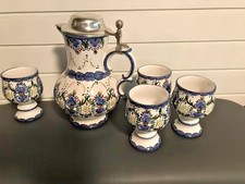 Steinzeug Weinkrug mit Zinndeckel und 4 Kelche handbemalt