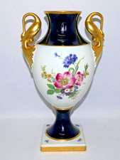 Schwanenhalsvase Gold Alboth & Kaiser Echt Kobalt Blumenbouquet H. 33,5 cm