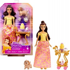 Mattel HLW20 Disney Princess Prinzessin Belle Puppe mit Kleid Teewagen Hund Set