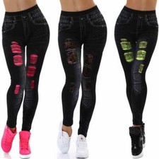 Damen High-Waist Jeggings Leggins Netz Geblümt Spitze Risse Destroyed 36 38 S M
