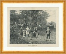 Die Landpartie. Kinder Schaukel Garten Leiterwagen Knaus Holzstich C 2876