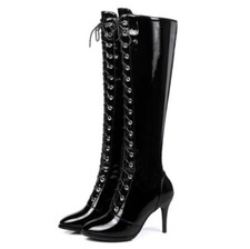Lackleder High Heels Stiefel Gr. 41 schwarz Schnürung Langschaft Kniehoch sexy