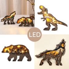 3D Holz Nachtlicht Dekoration Wolf Bär Dino mit LED Skulptur Statue Tierornament