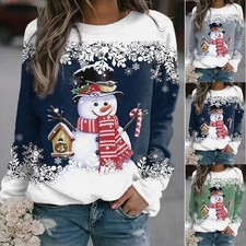 Weihnachten Damen Drucken Oberteile Tunika Freizeit Hemd Bluse Langarmshirt Tops