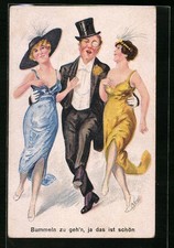 Künstler-AK Feiner Herr mit Monokel in guter Gesellschaft 