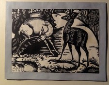 Adolf Weber-Scheld: Rehe - Original Holzschnitt