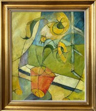 Ölbild Interieur N. Heimbürger 1969 Stillleben Blumentopf am Fenster Modern Art