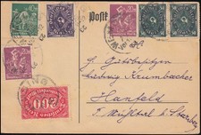 Infla-Frankatur Posthorn Arbeiter Ziffern auf PK WEMDING 28.8.23(23 kopfstehend)