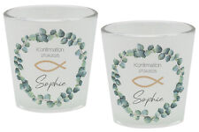 Windlicht Banderole Eukalyptus Fisch Gold Kommunion Konfirmation MIT NAME 7,5cmH