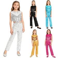 iiniim Mädchen Disco Kleidung Set Pailletten Crop Top + Hose 70er 80er Jahre