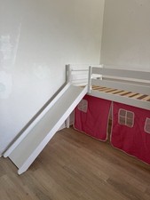 Kinder Hochbett mit Rutsche 90x200 cm, Weiß mit Vorhang Pink