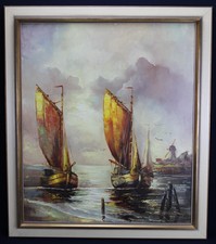 Großes Gemälde Ölgemälde Signiert Landschaft Maritim Segelschiff Schiff Meer