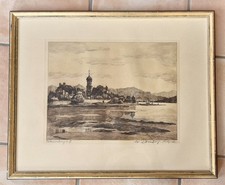 Wasserburg Halbinsel im Bodensee Bild Walter Romberg Stuttgart Radierung ca 1935