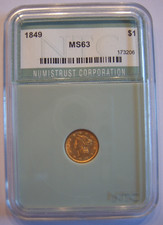 1 Gold Dollar 1849 Liberty Head open wreath no "L" Philadelphia USA MS63