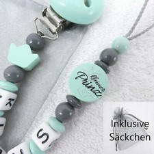 Schnullerkette mit Namen, mint, grau, kleiner Prinz, Krone, Junge, Baby 