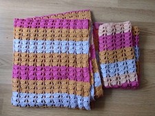 2 X Häkeldecke Handarbeit 80x160 + 60x60 cm Bunt Warm Decke Pink Currygelb Grau 