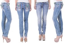 Cipo & Baxx Jeans Damen Stretch Hose 445 Blau Dicke Neon Nähte Hüftjeans Pants