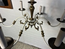 alter Kronleuchter Lüster Pendellampe 6 flammig Ø 60 cm Messing brüniert Weiß