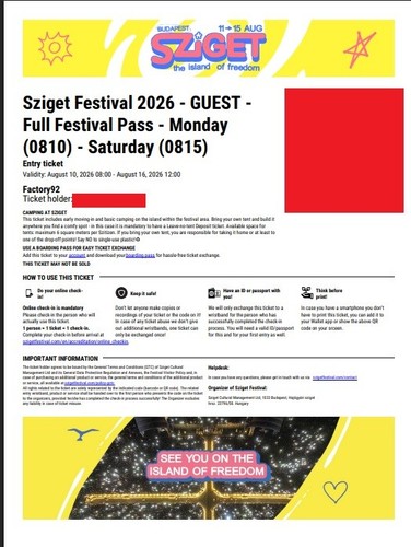 Sziget 2026 festivalticket - 2x,