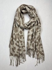 SCHAL mit Fransen Beige Leoparden Muster LEO 80% Viskose 20% Wolle #2025170
