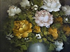 Anton DOMBERG (1882-1954)  Stillleben-Gemälde c 1950: BUNTE ROSEN IN GRAUER VASE