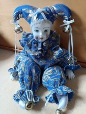 Harlekin Clown Puppe Porzellan Stoff mit Schellen Top Zustand 
