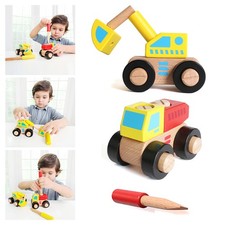 Montessori Holzspielzeug Kinder Holzauto Baufahrzeug Schraub Bagger Spielauto