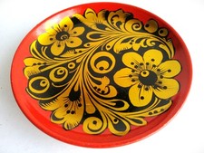 Russisches Chochloma Holzgeschirr rot-schwarz-gold handbemalter Teller, 80er J. 