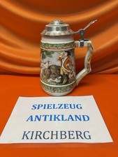 Krug Porzellan Keramik Jagdkrug Handgemalt Zinndeckel Wein Bier Gemarkt