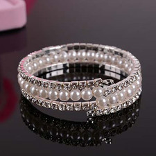 Hochzeit Armband Braut Strass Perlen Armschmuck silber-farbig dehnbar 3 reihig