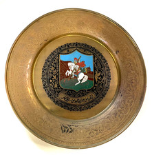 Alte Handarbeit Teller Wandteller Messing Emaille hl. Michael persisch ? Ø 31 cm