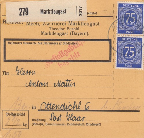 Paketkarte 1948 marktleugast - 1948:,