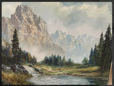 großes Alpen Panorama Bild Gemälde auf Leinwand - Antiquität ohne Bilderrahmen