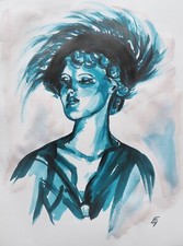 Künstler Zeichnung signiert 30er Jahre Vintage Mode Tusche Federn Art Deco Hut