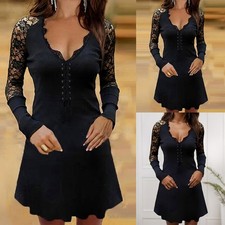 Sexy Damen Spitze Langarm Partykleid Midikleid V-Neck Partykleid Herbstkleid DE