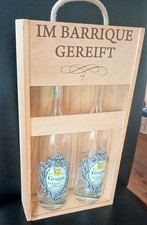 2 Bügelverschluss Flaschen 500 ml  mit schmalem Hals in Holz Geschenk Kiste
