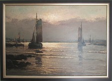 Ölgemälde Helmut Kaluza (1912-1984) Hafen Küste Fischerboote Seegelboote Abend