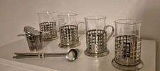 4 Teegläser Heissgetränk hitzebeständiges Glas in Edelstahl Halter mit Teesieb