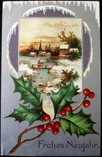 Grußkarte 1909/10: Neujahr - Misteln verschneites Dorf Schnee Menschen - Kopal