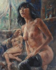 GERRY MILLER-Unikate. "2 Akte" Ölfarbe auf Brett 40x50cm. Ohne Rahmen.