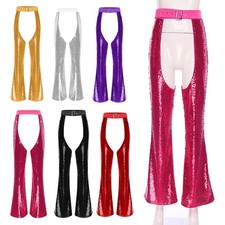 DE Freebily Damen Strumpfhose OFFEN Pailletten High Waist Lang Weite Hose Chaps
