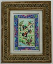 IndoPersische Miniaturmalerei Bein um 1900 filigraner Zierrahmen Vier Reiter