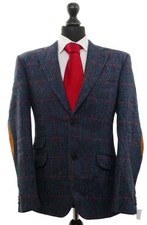 Harris Tweed Wellington of Bilmore Sakko 50 blau kariert 2-Knopf Patches wie Neu