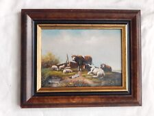 Öl/Holz Signiert "Landschaft mit Kühen, Schaffen und Enten"