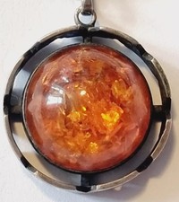 D0619 - Großer 835er Silber Anhänger - Natur Bernstein - Art Deco Antikschmuck