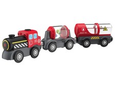 Batterie Lok mit rotierend Anhänger u Wassertank fährt vorw- rückw Holzeisenbahn