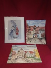 3 Alte Aquarelle Wasserfarben ? Bild Auerhahn Städtchen Signatur (1119)