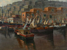 Ölgemälde älter Hafen Schiffe Boote Häuser Stadt Meer keine Signatur gefunden