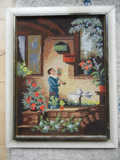 Gobelin Stickbild mit Holzrahmen, der Blumenfreund 40 cm x 50 cm